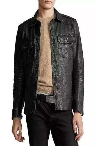 Men's black  soft lambskin leather jacket button pockets