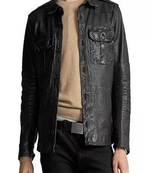 Men's black  soft lambskin leather jacket button pockets