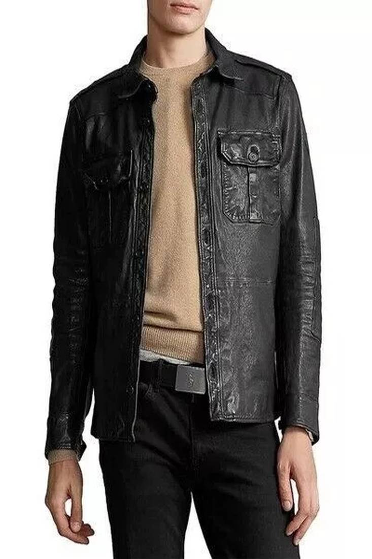 Men's black  soft lambskin leather jacket button pockets