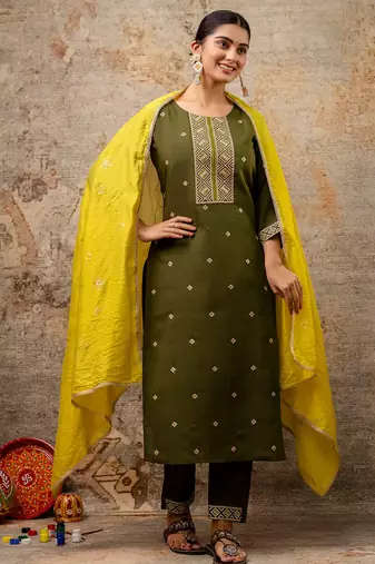 olive fancy silk blend kurta set