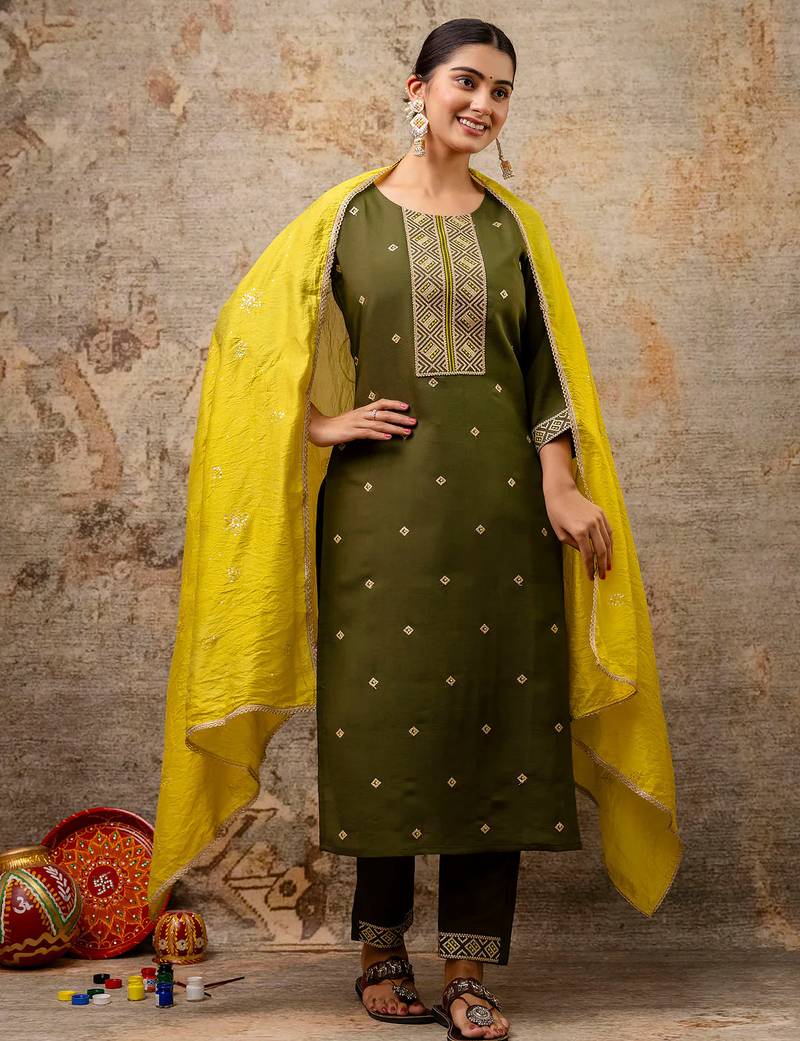 olive fancy silk blend kurta set