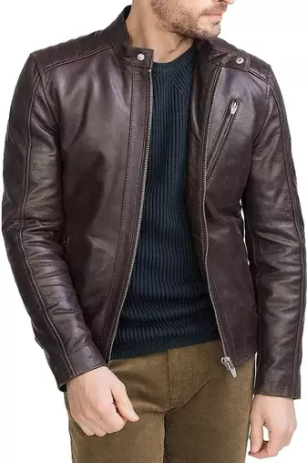 Brown cross zip genuine soft lambskin leather jacket moto biker jacket