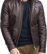Brown cross zip genuine soft lambskin leather jacket moto biker jacket