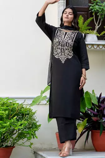 black fancy silk blend kurta set