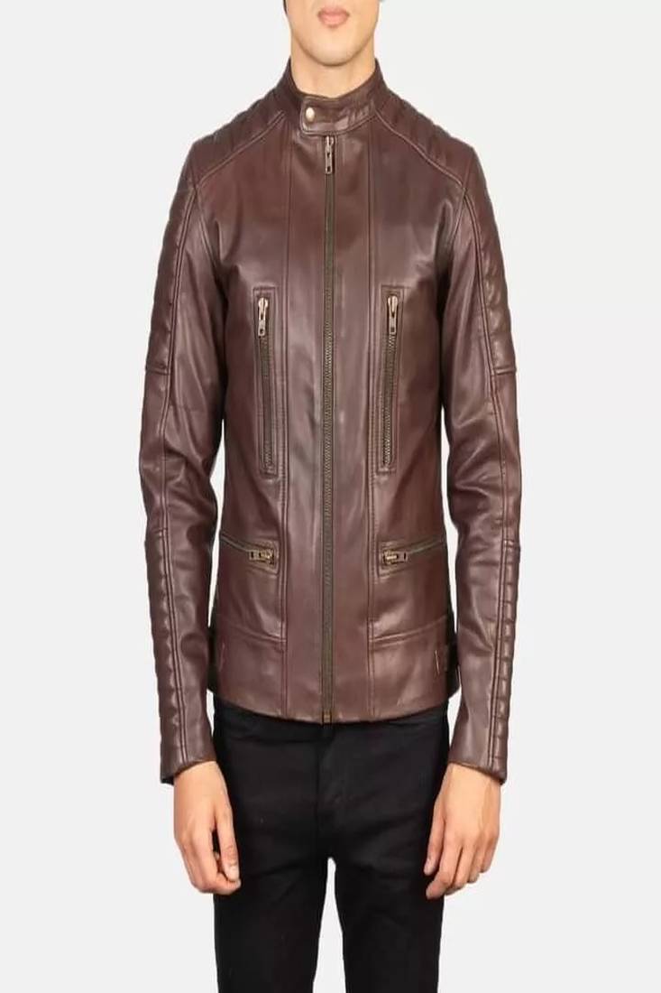 Biker style black lambskin leather jacket café racer quilted shoulder