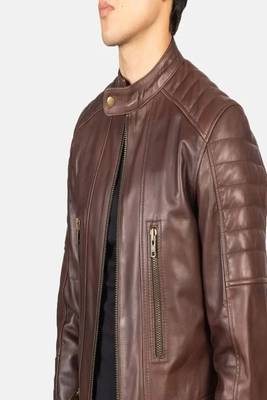 Biker style black lambskin leather jacket café racer quilted shoulder 2