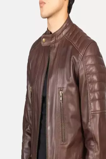 Biker style black lambskin leather jacket café racer quilted shoulder