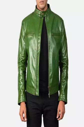 Biker style green lambskin leather jacket café racer quilted shoulder