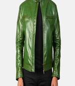 Biker style green lambskin leather jacket café racer quilted shoulder