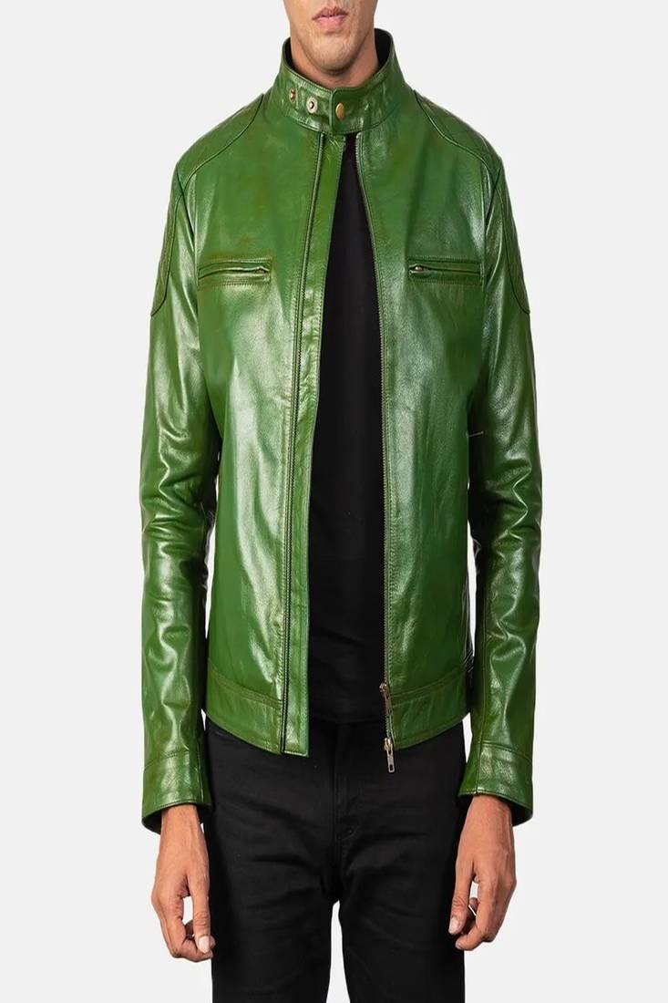 Biker style green lambskin leather jacket café racer quilted shoulder