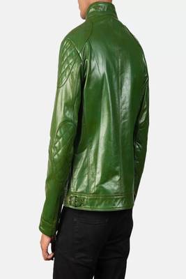 Biker style green lambskin leather jacket café racer quilted shoulder 2