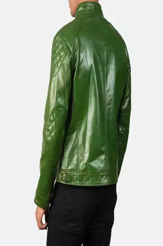 Biker style green lambskin leather jacket café racer quilted shoulder