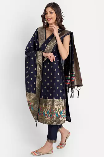 navy-blue fancy cotton silk kurta set