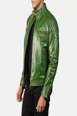 Biker style green lambskin leather jacket café racer quilted shoulder 3