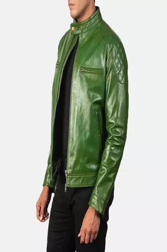 Biker style green lambskin leather jacket café racer quilted shoulder