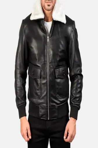 Men's black 2 envelope pockets lambskin leather jacket furr collar