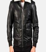 Men's black 2 envelope pockets lambskin leather jacket furr collar