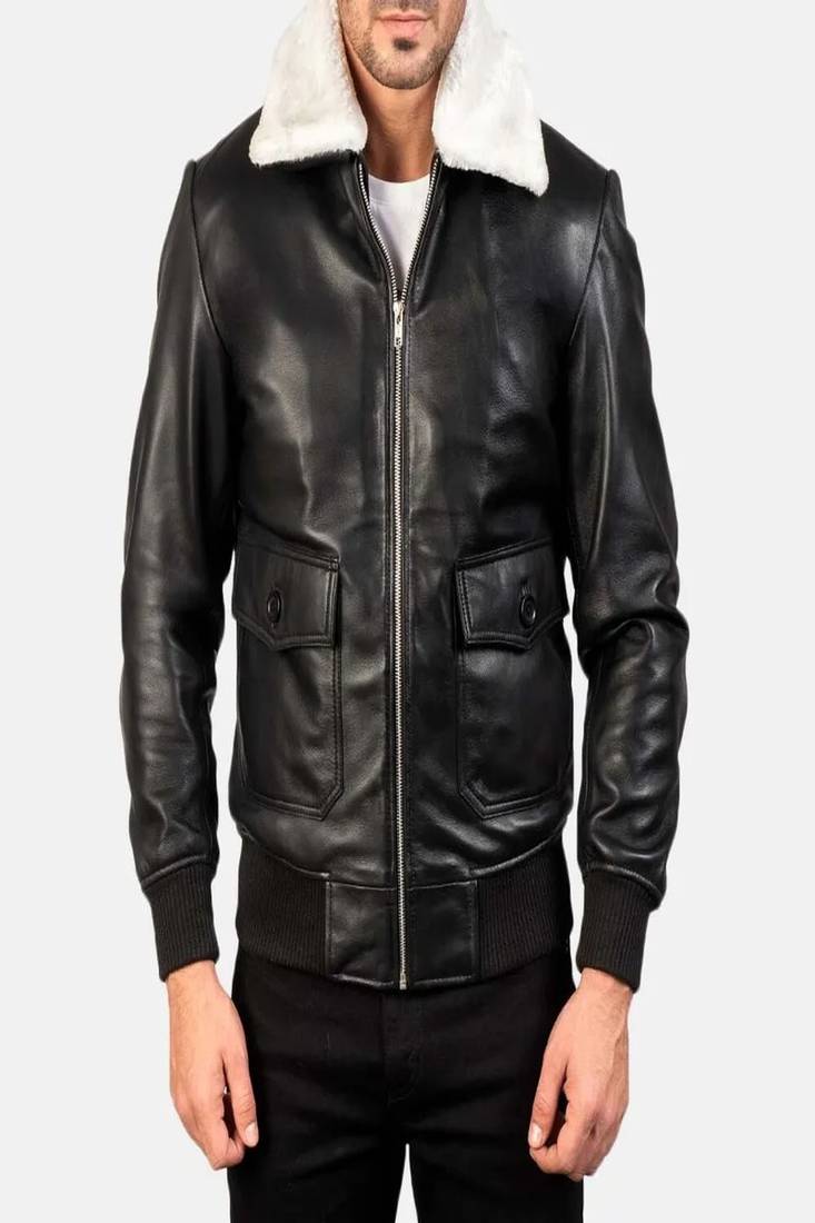 Men's black 2 envelope pockets lambskin leather jacket furr collar