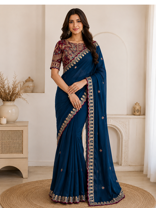 teal embroidery with sequins silk saree 1