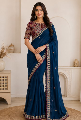 teal embroidery with sequins silk saree