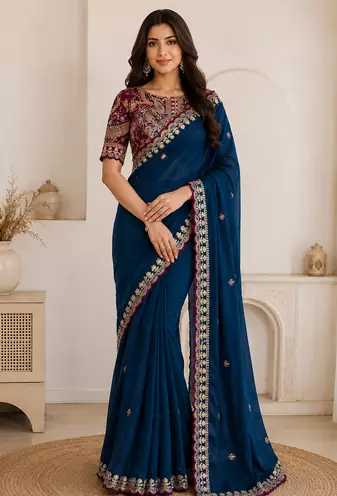 teal embroidery with sequins silk saree