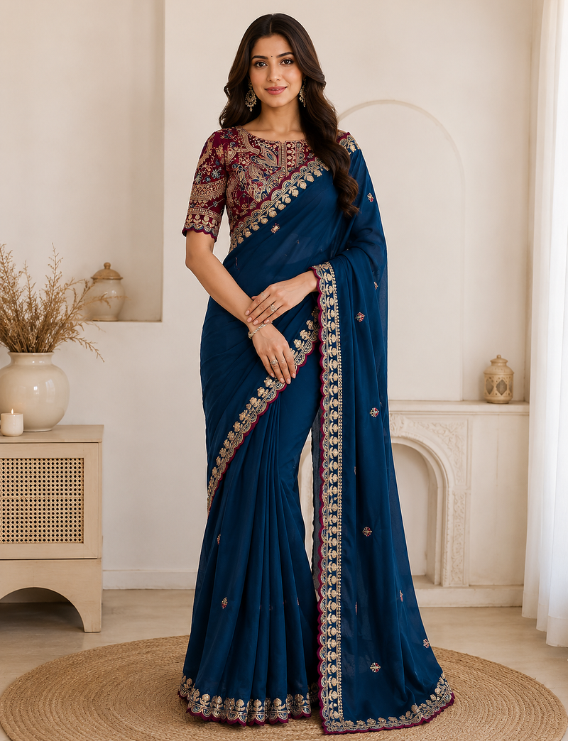 teal embroidery with sequins silk saree
