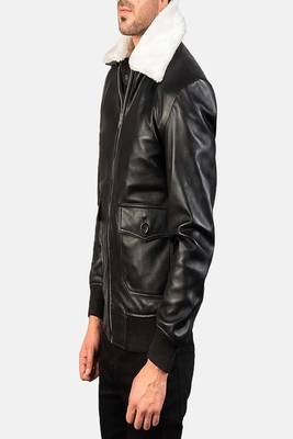 Men's black 2 envelope pockets lambskin leather jacket furr collar 2