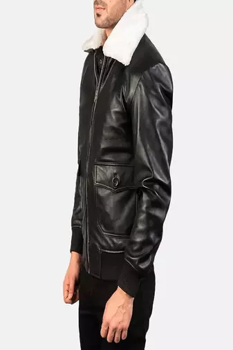 Men's black 2 envelope pockets lambskin leather jacket furr collar