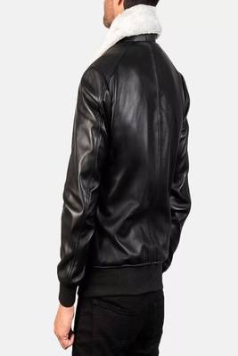 Men's black 2 envelope pockets lambskin leather jacket furr collar 3