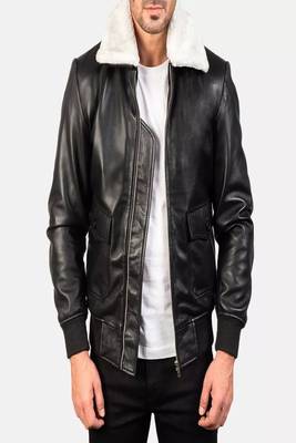 Men's black 2 envelope pockets lambskin leather jacket furr collar 4