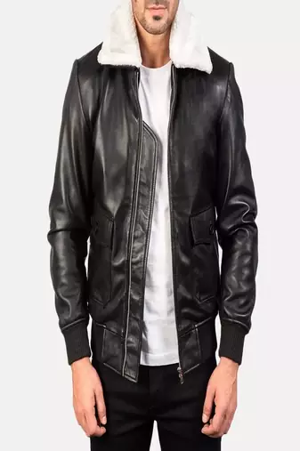 Men's black 2 envelope pockets lambskin leather jacket furr collar
