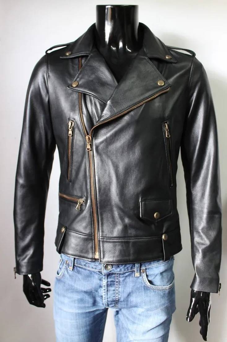 Men's lambskin leather jacket- laple shoulder zipp detail style fastion
