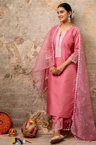 pink fancy silk blend kurta set