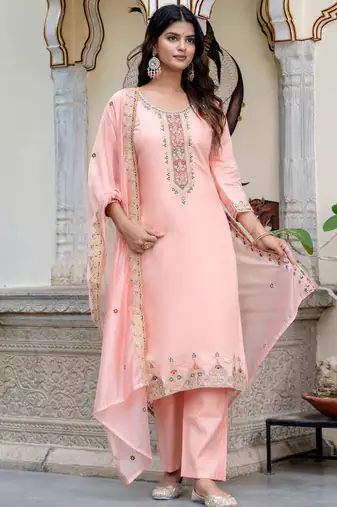 peach fancy silk blend kurta set