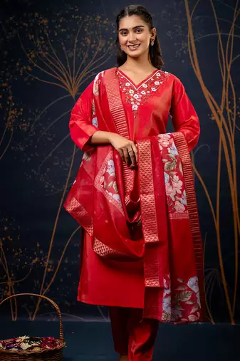 red fancy silk kurta set