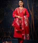 red fancy silk kurta set