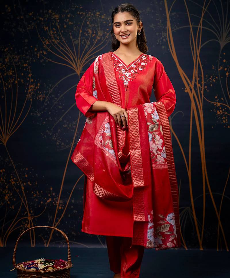 red fancy silk kurta set