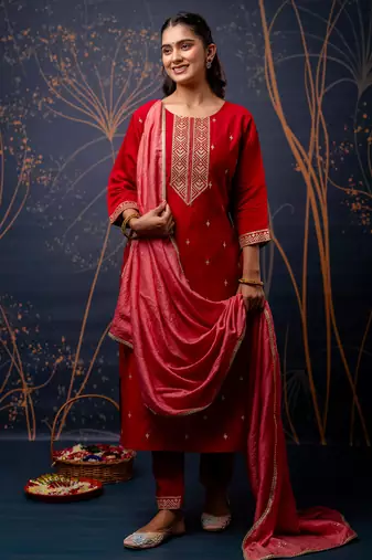red fancy silk blend kurta set