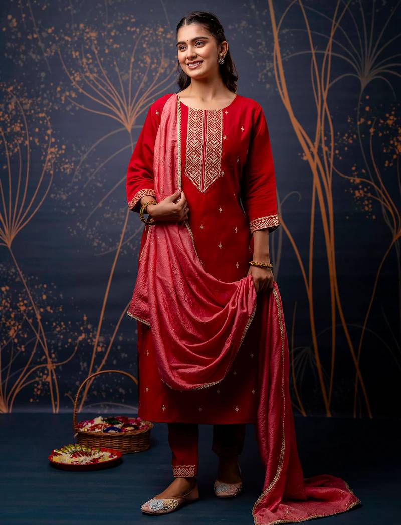 red fancy silk blend kurta set