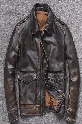 Men's black genuine lambskin 2 pockets rub off leather jacket-vintage look