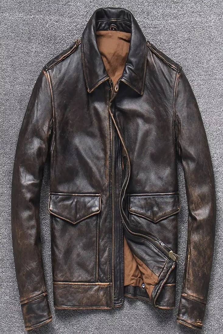 Men's black genuine lambskin 2 pockets rub off leather jacket-vintage look