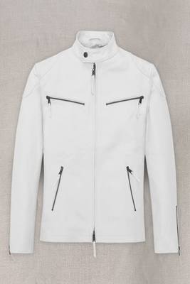 Men's white 4 zip genuine lambskin leather jacket-café racer 1