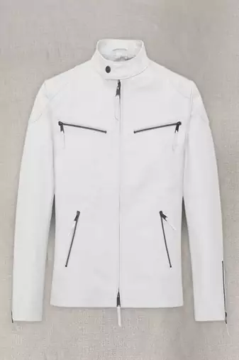 Men's white 4 zip genuine lambskin leather jacket-café racer