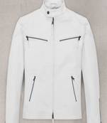 Men's white 4 zip genuine lambskin leather jacket-café racer