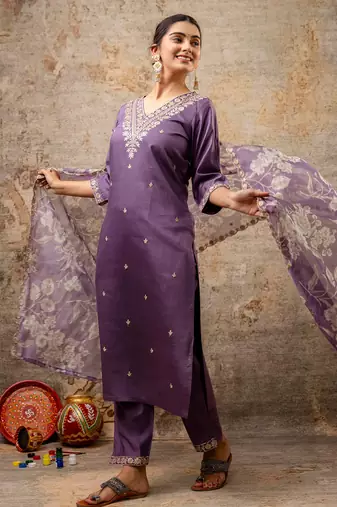 lavender fancy viscose rayon kurta set