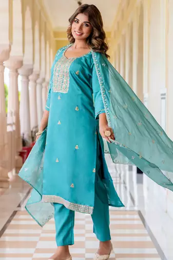 blue fancy silk blend kurta set