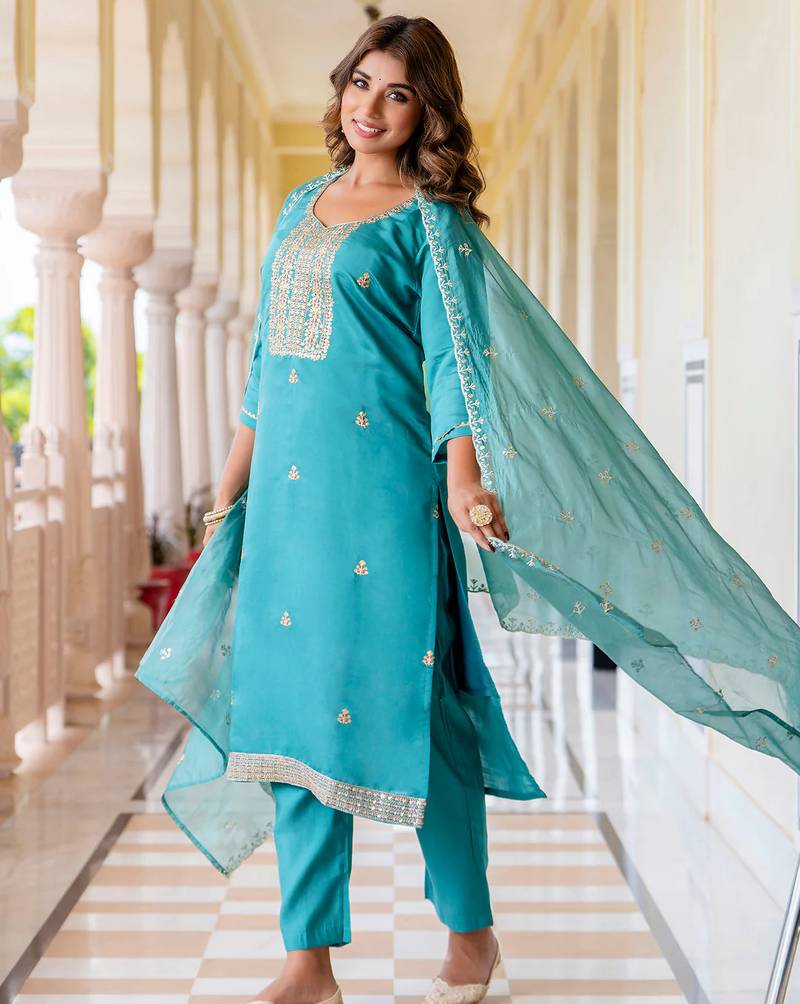 blue fancy silk blend kurta set