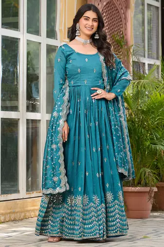 blue fancy pure silk kurta set