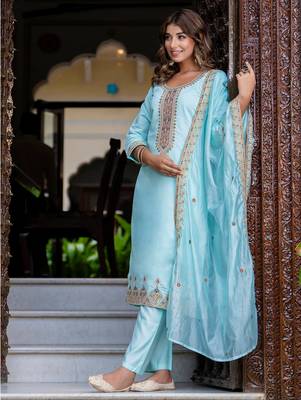 sky-blue fancy silk blend kurta set 3