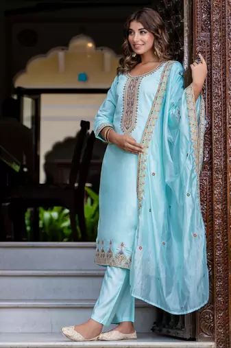 sky-blue fancy silk blend kurta set